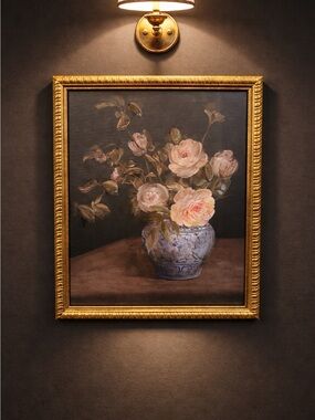 W14x11 Framed Floral Still Life Painting with porceline Vase